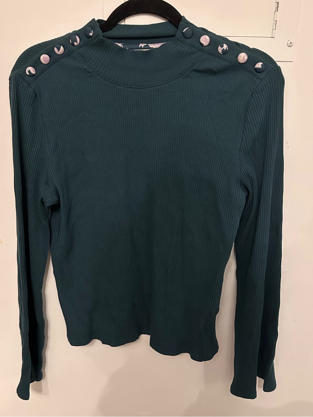 Vera Bradley Teal Green Ribbed Long-Sleeve Top with LavenderShoulder Buttons NWT